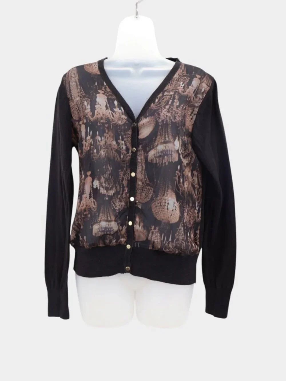 Ted Baker Women's Cardigan Size 3 Black Chandelier Print V-Neck Button Front